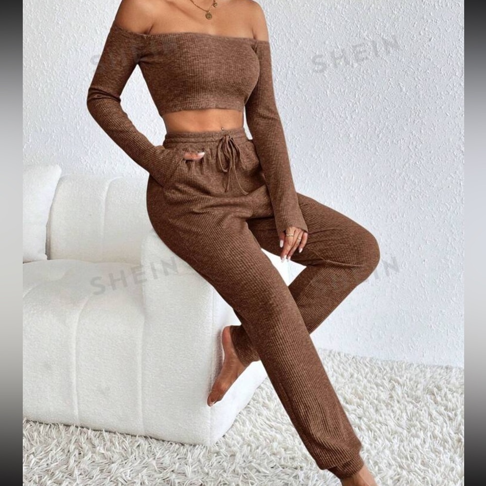 Essnce Women's Ribbed Off Shoulder Top And Joggers Pants Set